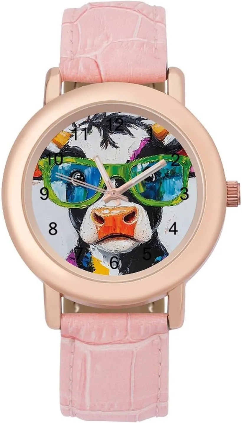 Watch Gift for Ladies Cow with Colorful Glasses Wrist Watches for Women Pink Leather Band uproot vascular crustal Watch Fashion Three-Hand 