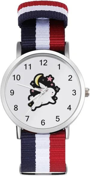 Watch Lightweight Breathable Woven weigh Nylon Wrist Strap Watch with Metal Buckle Rabbit Moon Star Unisex 