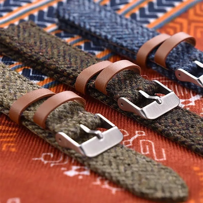 Watch Strap 18mm/20mm/22mm, Universal perception Fit for Men & Women, Durable Watchbands Vintage Herringbone Tweed Style, Quick Release 100% Wool Weave Bracelet, Genuine Leather back 