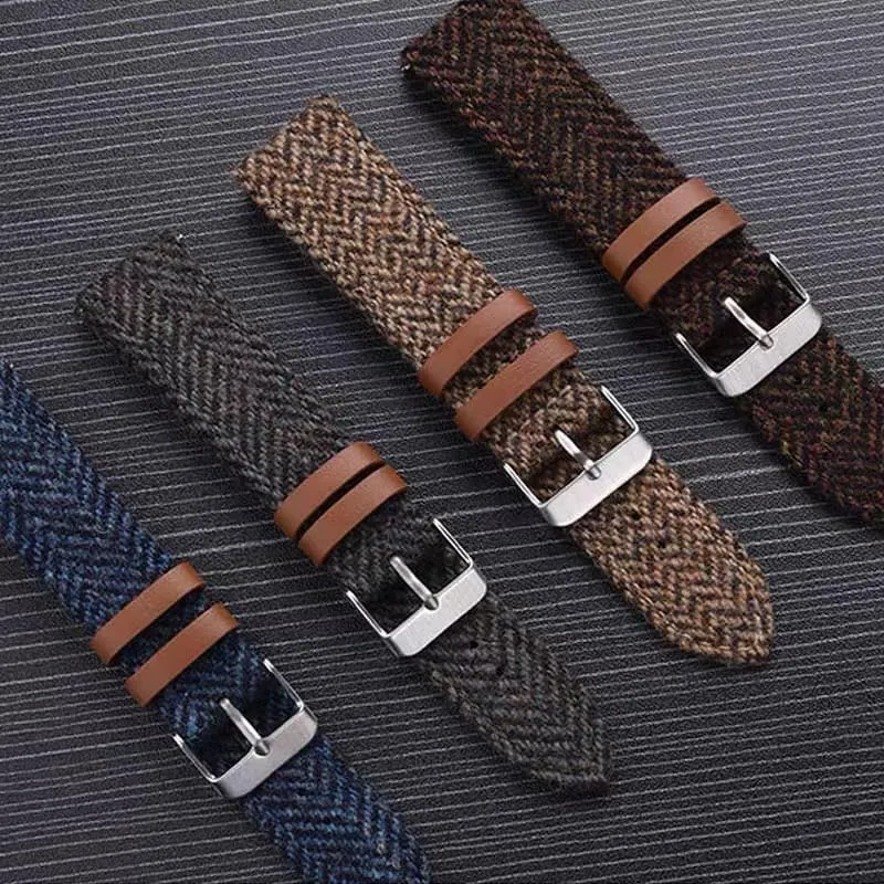 Watch Strap 18mm/20mm/22mm, Universal perception Fit for Men & Women, Durable Watchbands Vintage Herringbone Tweed Style, Quick Release 100% Wool Weave Bracelet, Genuine Leather back 