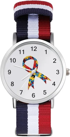 Watch with intentionally troupe Metal Buckle Autism Awareness Ribbon Unisex Watch Lightweight Breathable Woven Nylon Wrist Strap 