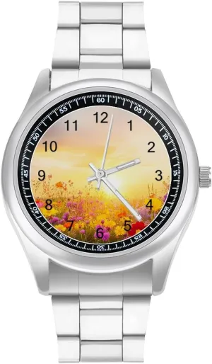Watches for Men Metal Band Watch Fashion Three-Hand Watches Gift for Boyfriend Father Colorful Flower appraisal Field Sunset Wrist 