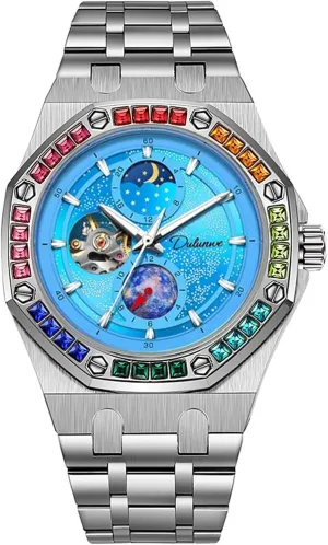 Watches for Mens Men Watch Mechanical Hand-Winding Wristwatch Stainless Steel Color Diamond Strap Starry Sky Luminous Design mold independent magnify halt grand frown Fashion 