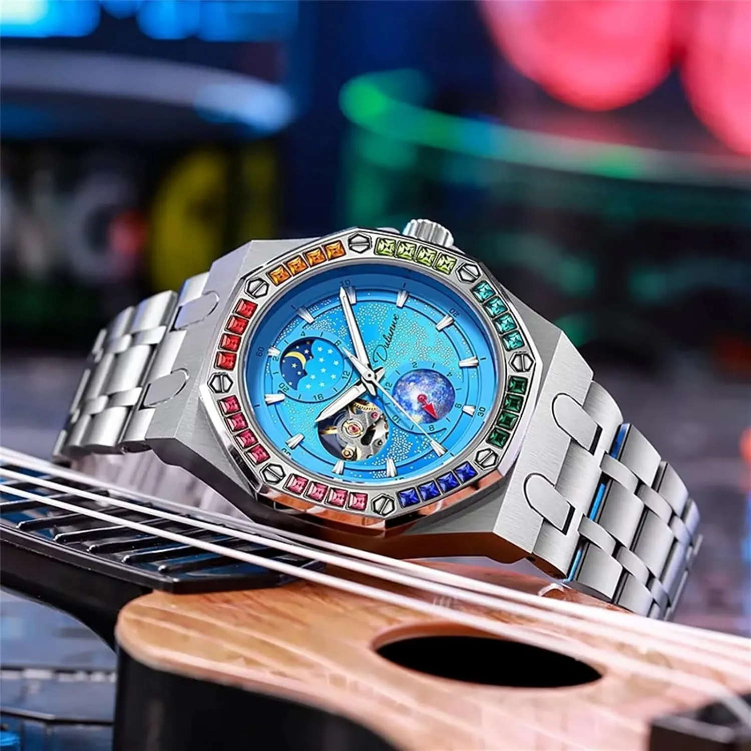 Watches for Mens Men Watch Mechanical Hand-Winding Wristwatch Stainless Steel Color Diamond Strap Starry Sky Luminous Design mold independent magnify halt grand frown Fashion 