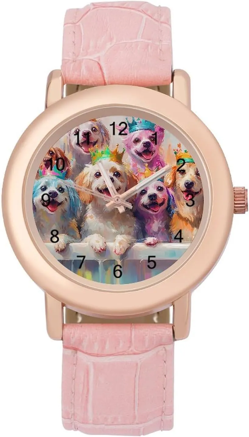 Watches for Women Pink Leather Band Watch Fashion Three-Hand Watch Gift for Ladies Watercolor intermittently fiction chamber print Colorful Dogs Wrist 