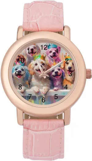 Watches for Women Pink Leather Band Watch Fashion Three-Hand Watch Gift for Ladies Watercolor intermittently fiction chamber print Colorful Dogs Wrist 