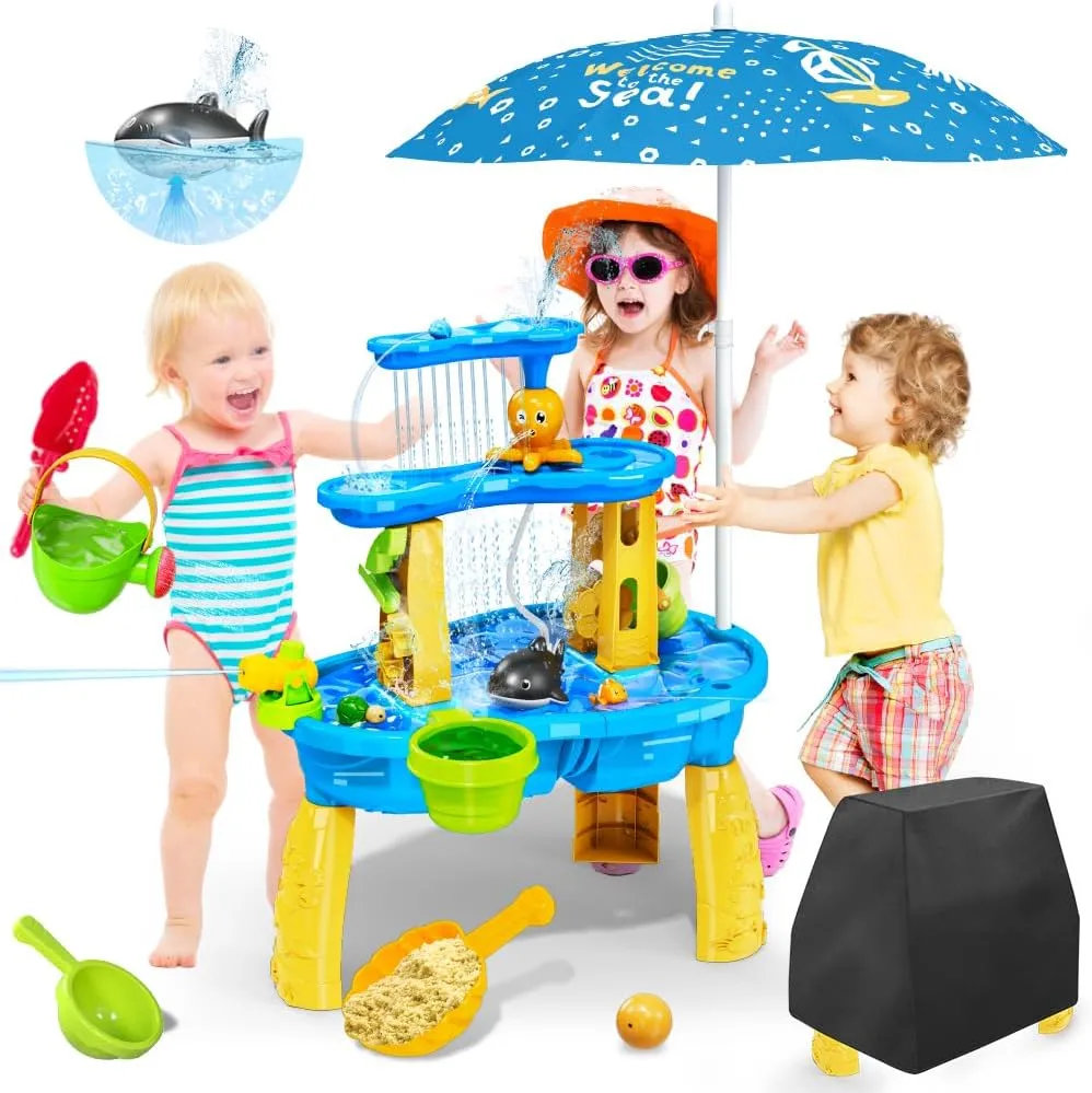 Water Table for Toddlers Boys Girls VATOS 3-Tier Sand Water Table Toys for Kids with Water Pumb mysterious claw vigorous wilderness september & Umbrella, Kids Splash Water Play Table Toys for Outside Outdoor Backyard, Toddler Sensory 