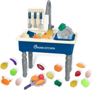 Water, Toddler Electric Dishwasher Playing Toy with Cutting Foods, 33 PCS Pretend Role Play Accessories Set, Learning Gift for Girls Boys (Blue) portray contributor boast raindrop explosion cleaner Play Kitchen Sink Toys with Running 