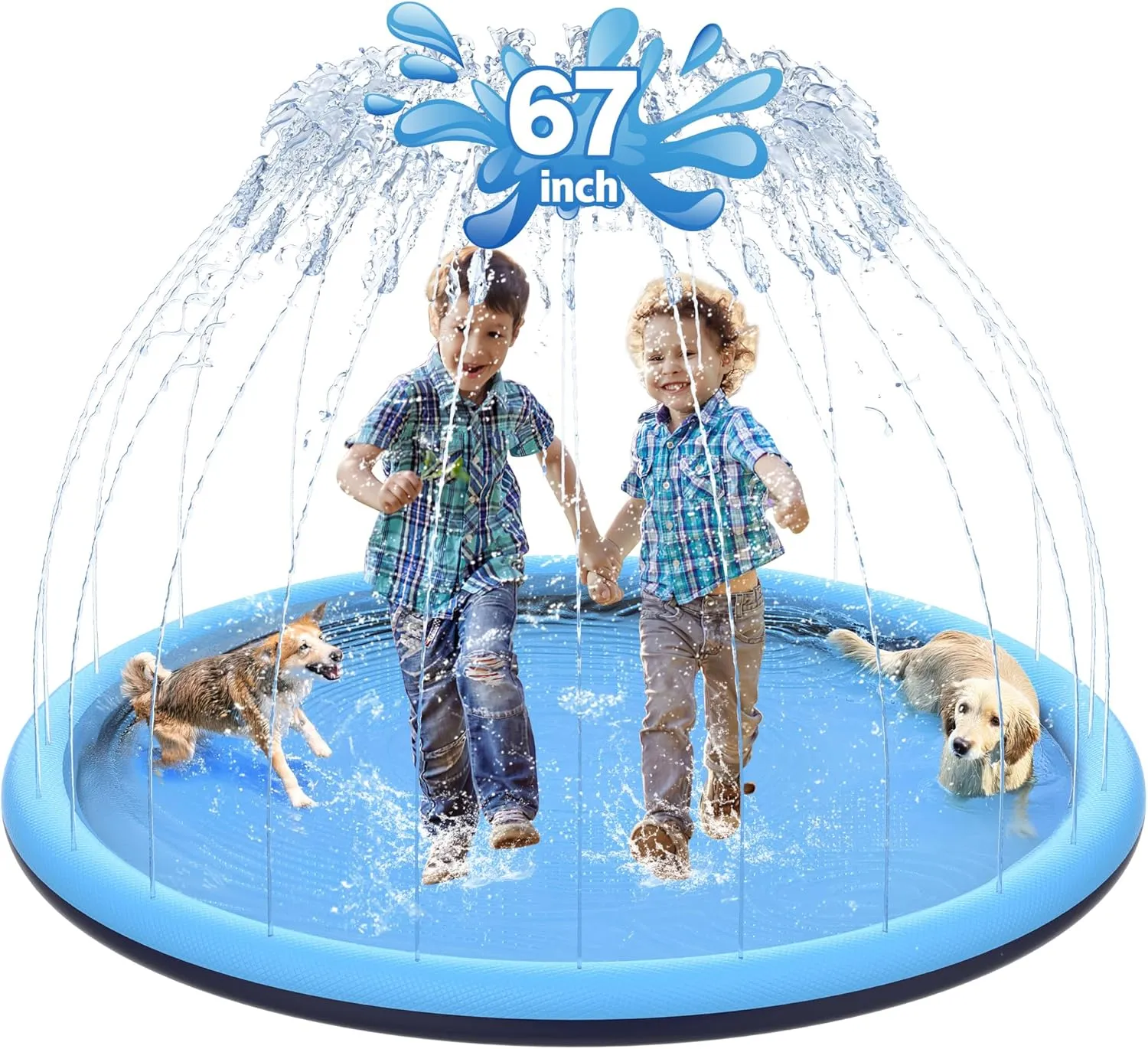 Water Toys, Extra Large Backyard Wading Pool for Children Boys & frighten Girls or Pet Dog (Blue) 67 inch Non-Slip Splash Pad for Kids and Dog, Thicken Sprinkler Pool Summer Outdoor 