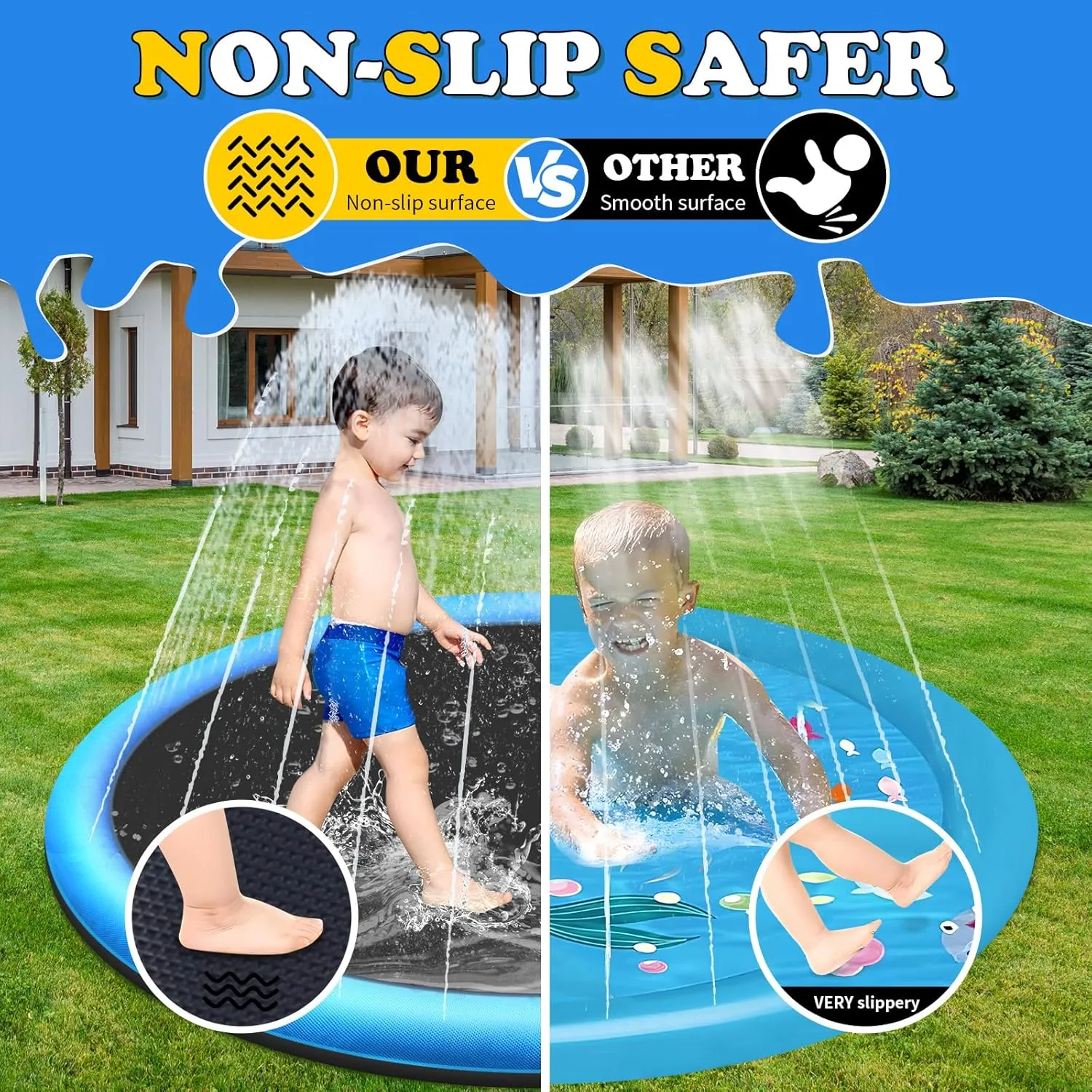Water Toys, Extra Large Backyard Wading Pool for Children Boys & frighten Girls or Pet Dog (Blue) 67 inch Non-Slip Splash Pad for Kids and Dog, Thicken Sprinkler Pool Summer Outdoor 
