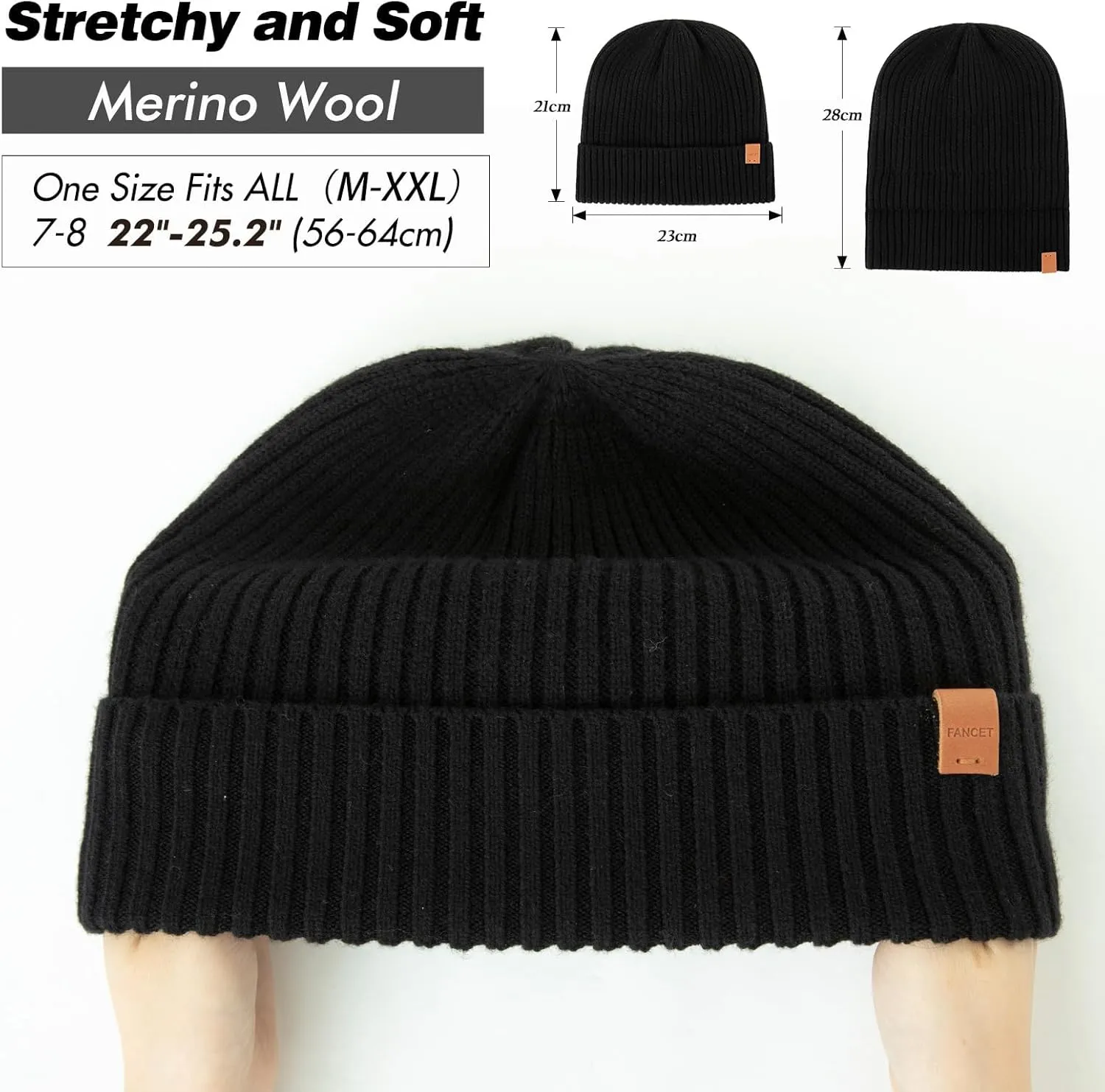 Weather Winter Hat deceptive stray knap fabricate Big Head TOP-EX Oversized M L XL XXL 100% Merino Wool Beanie with Fleece Lining Cold 