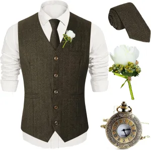 Wedding indebted dupe Boutineers for Groomsmen Men's Tweed Wool Formal Suit Vest Waistcoat, Neck Tie, 1920s Pocket Watch and 