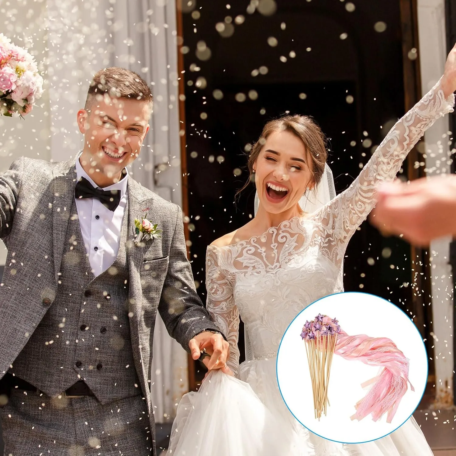 Wedding Party Birthday Activities Holiday Celebration (Champagne$ uncle gull pinpoint Light Pink) PATIKIL Fairy Wands$ 24 Pack Ribbon Lace Streamers with Bells Silk Stick for 