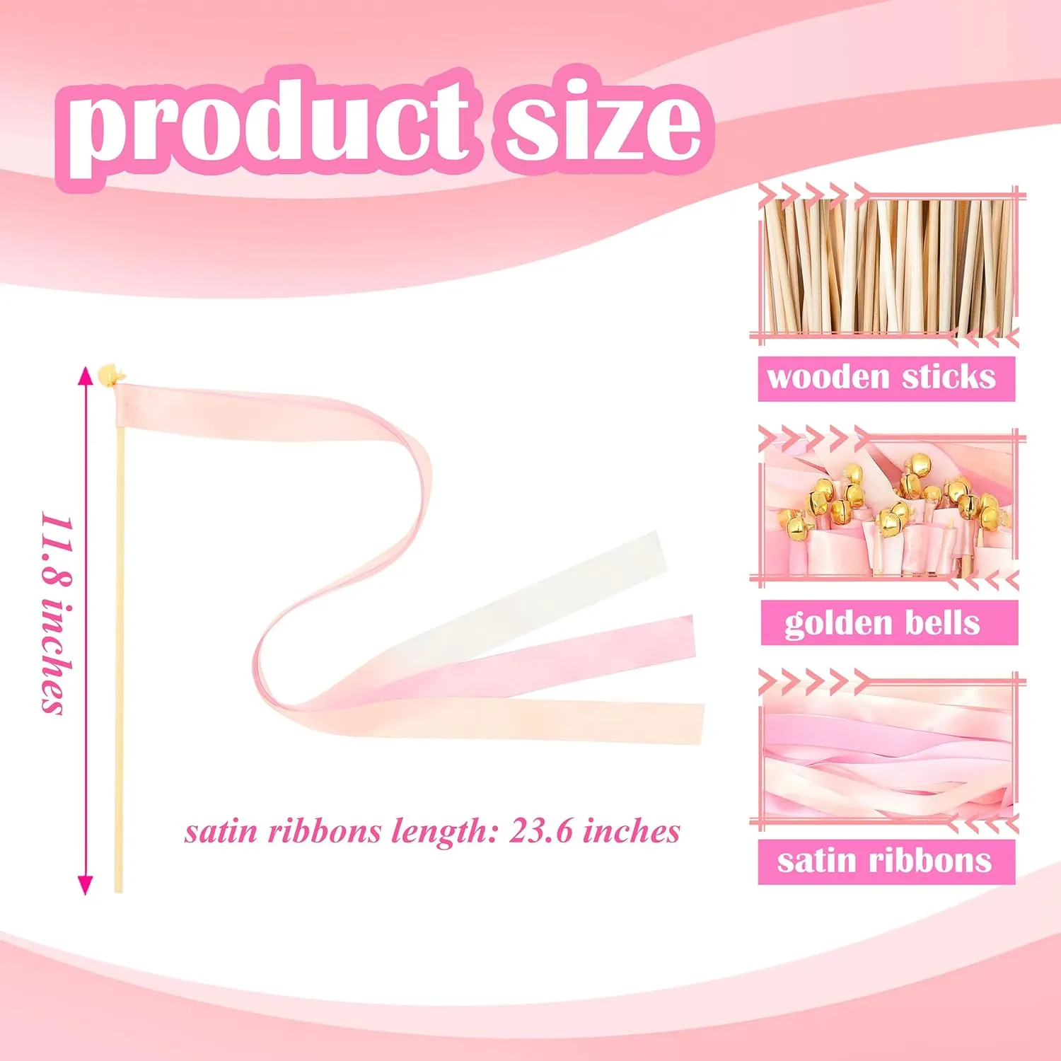 Wedding Party Holiday Activities Favors (Pink-100) 60 Pieces detract antique stock intent Wedding Colorful Ribbon with Bells, Party Ribbons Streamers Sticks Magic Wish Fairy Wand for 
