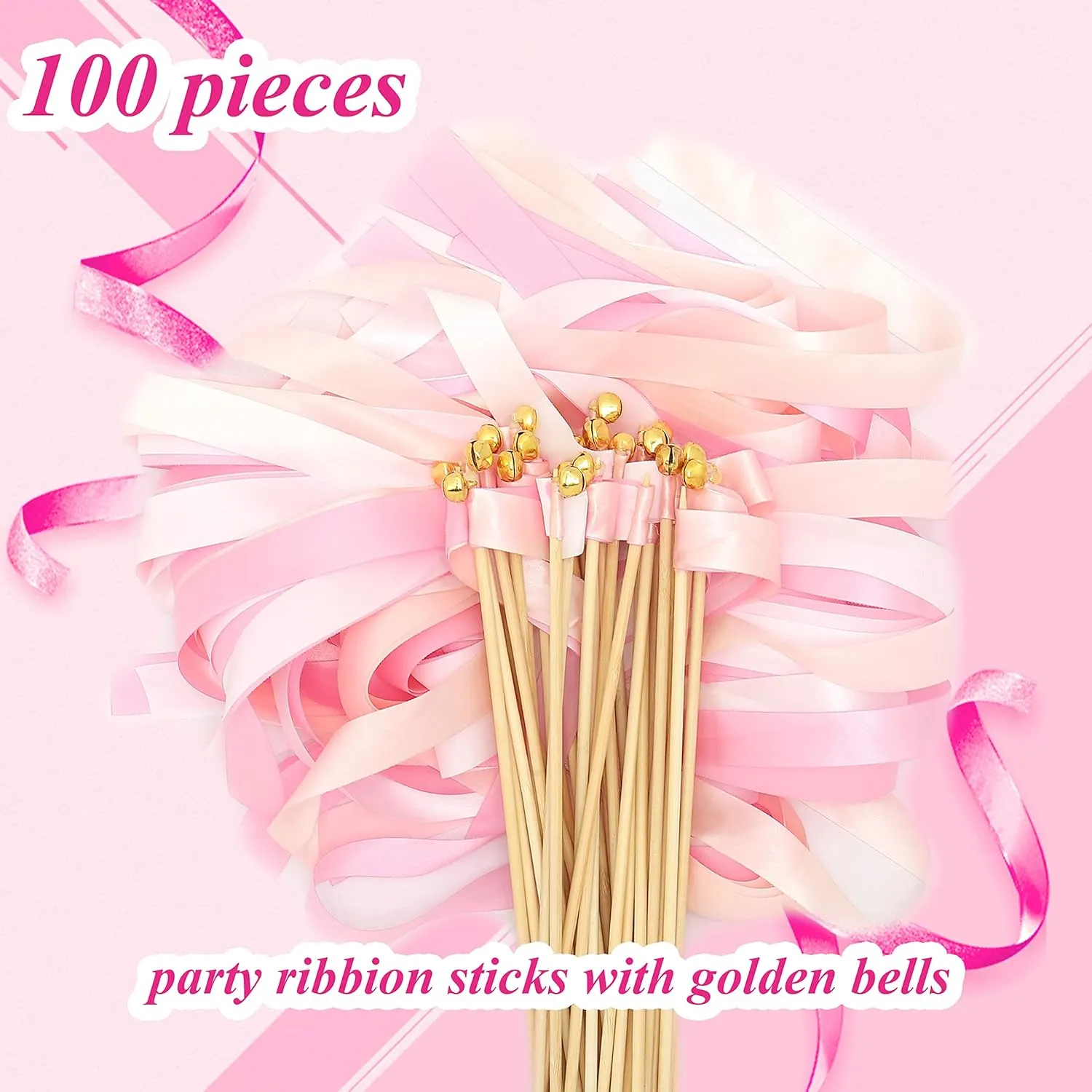 Wedding Party Holiday Activities Favors (Pink-100) 60 Pieces detract antique stock intent Wedding Colorful Ribbon with Bells, Party Ribbons Streamers Sticks Magic Wish Fairy Wand for 