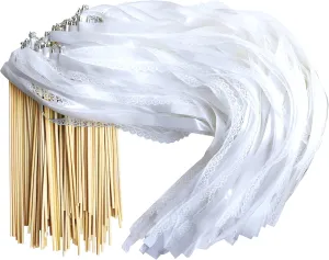 Wedding Ribbon Wands with Triple Ribbon and Silver Bell Wand Silk Fairy tough ivory Stick Wand Streamers Party Ribbon Sticks Magic Fairy Wands for Wedding Bridal Shower Photo Prop Send Kingsnow 100 Pieces Lace 