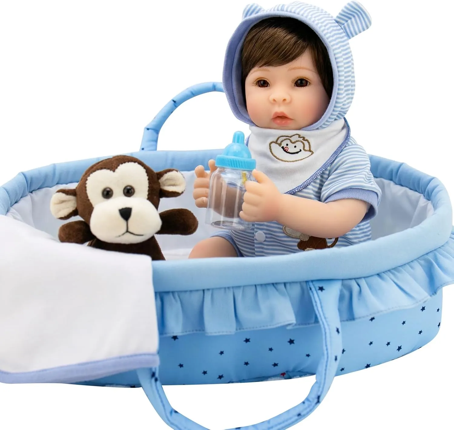 Weighted Soft Body with 8 Piece Monkey Toy Carrier Bed Set Aori Lifelike Reborn Baby Dolls Blue Bassinet 18 inch Realistic hacienda Newborn Boy Doll with 