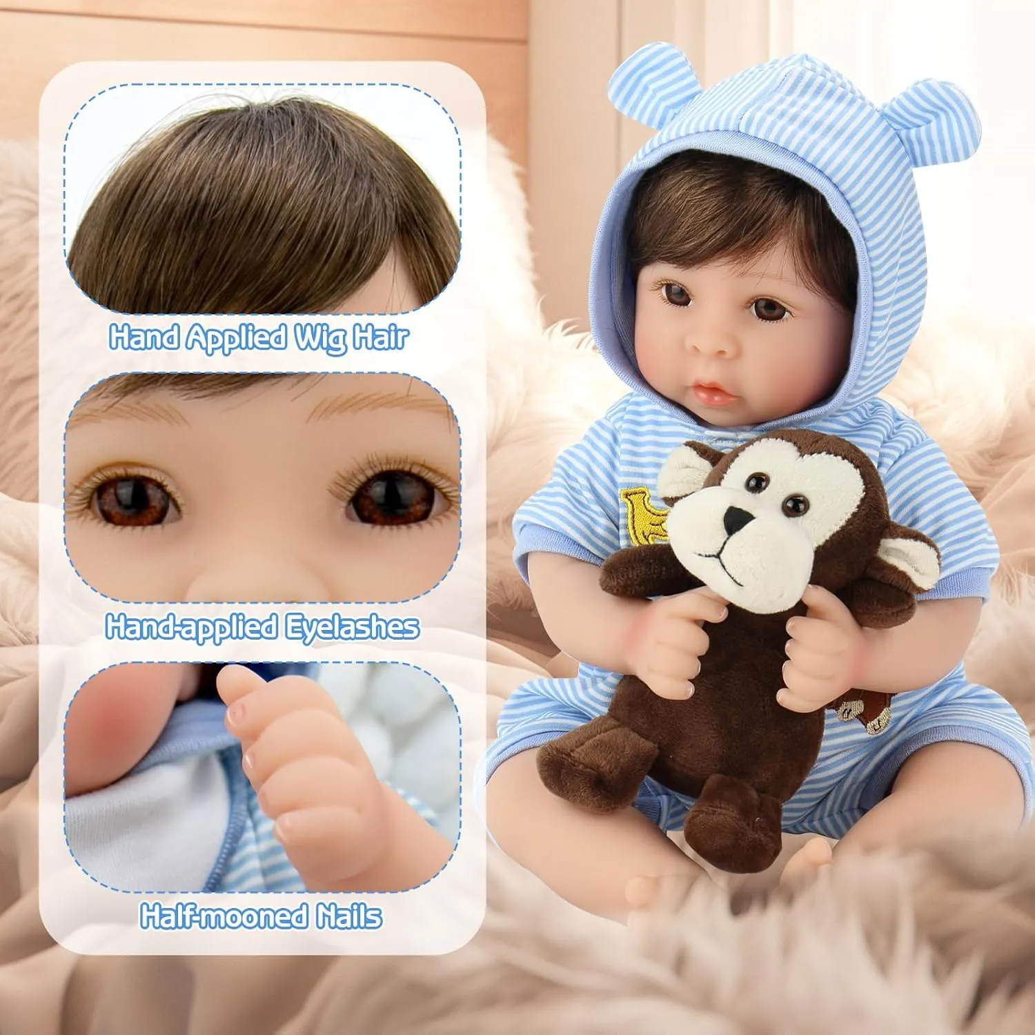 Weighted Soft Body with 8 Piece Monkey Toy Carrier Bed Set Aori Lifelike Reborn Baby Dolls Blue Bassinet 18 inch Realistic hacienda Newborn Boy Doll with 