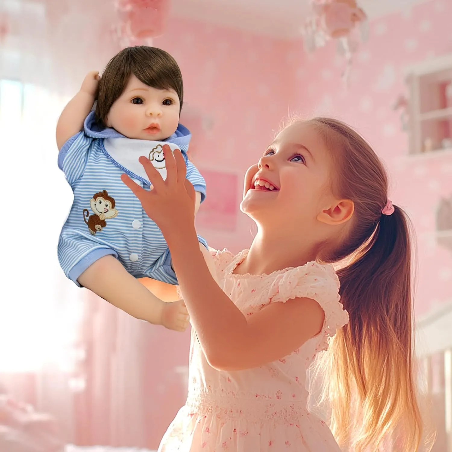 Weighted Soft Body with 8 Piece Monkey Toy Carrier Bed Set Aori Lifelike Reborn Baby Dolls Blue Bassinet 18 inch Realistic hacienda Newborn Boy Doll with 