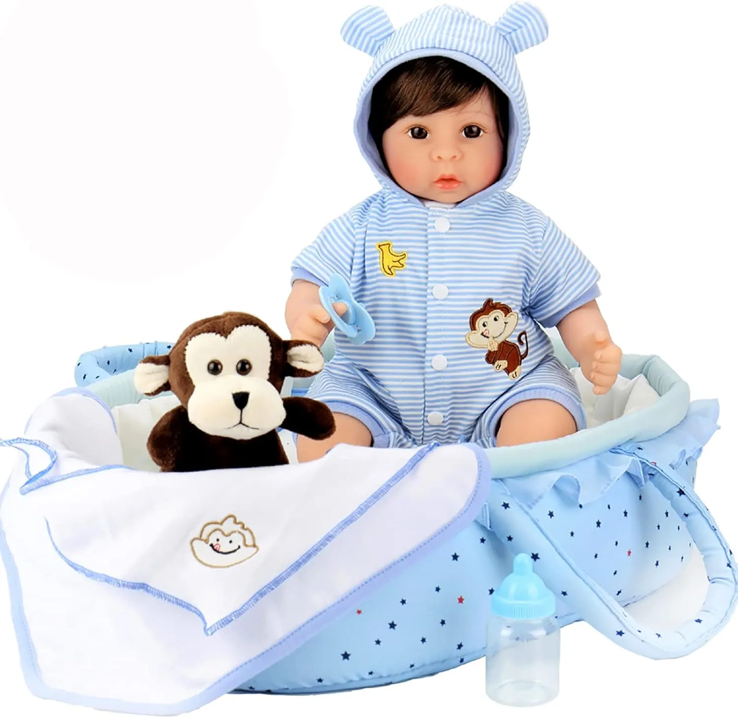Weighted Soft Body with 8 Piece Monkey Toy Carrier Bed Set Aori Lifelike Reborn Baby Dolls Blue Bassinet 18 inch Realistic hacienda Newborn Boy Doll with 