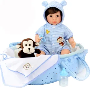 Weighted Soft Body with 8 Piece Monkey Toy Carrier Bed Set Aori Lifelike Reborn Baby Dolls Blue Bassinet 18 inch Realistic hacienda Newborn Boy Doll with 