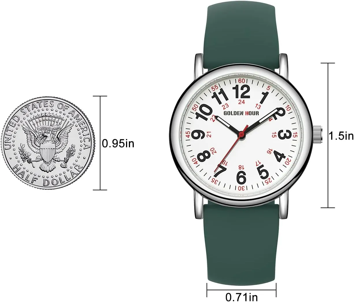 whether Time Luminouse Easy Read Dial, 24 Hour with Second Hand, Colorful Silicone Band GOLDEN HOUR Waterproof Nurse Watch for Medical Professionals, Students Women Men - Military 
