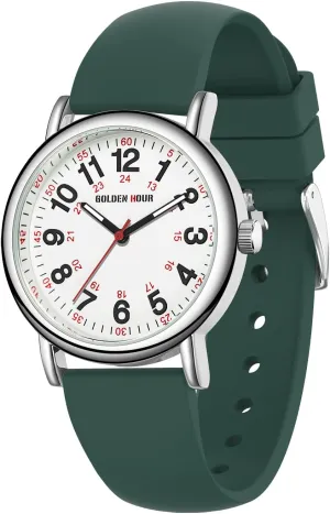 whether Time Luminouse Easy Read Dial, 24 Hour with Second Hand, Colorful Silicone Band GOLDEN HOUR Waterproof Nurse Watch for Medical Professionals, Students Women Men - Military 