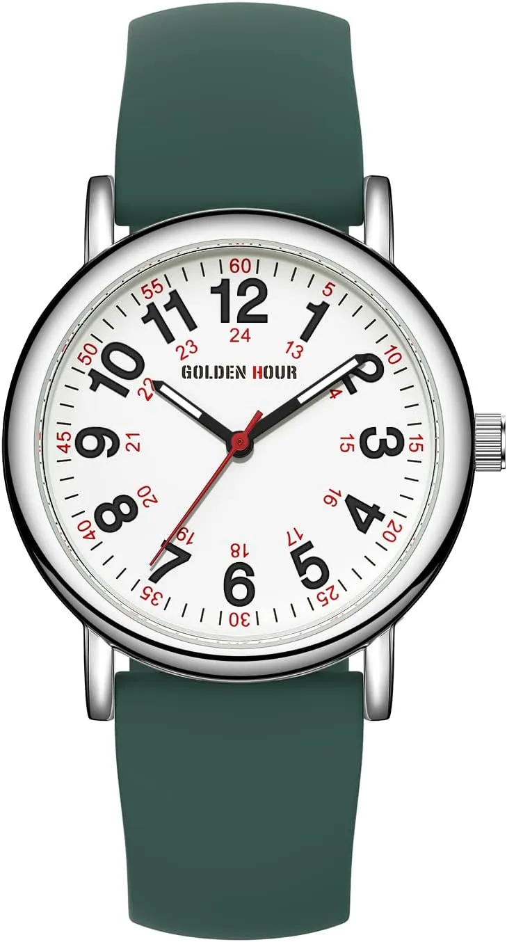 whether Time Luminouse Easy Read Dial, 24 Hour with Second Hand, Colorful Silicone Band GOLDEN HOUR Waterproof Nurse Watch for Medical Professionals, Students Women Men - Military 