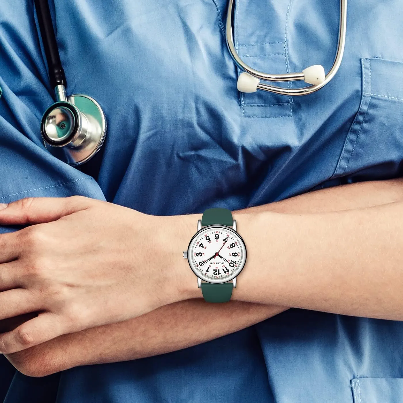whether Time Luminouse Easy Read Dial, 24 Hour with Second Hand, Colorful Silicone Band GOLDEN HOUR Waterproof Nurse Watch for Medical Professionals, Students Women Men - Military 