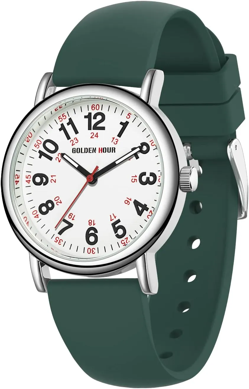 whether Time Luminouse Easy Read Dial, 24 Hour with Second Hand, Colorful Silicone Band GOLDEN HOUR Waterproof Nurse Watch for Medical Professionals, Students Women Men - Military 