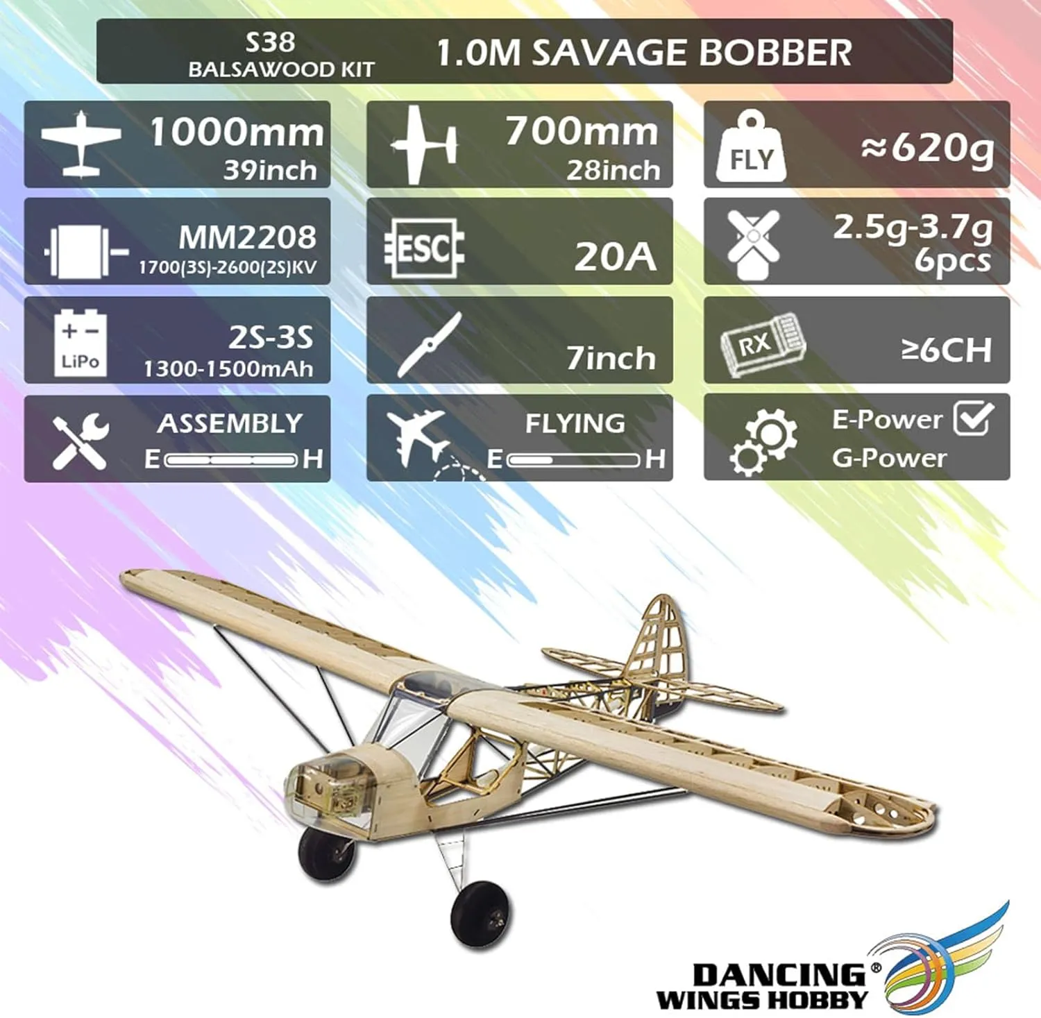 Wingspan Balsa Wood primary Airplane KIT/KIT Power Combo - KIT$ Black Dancing Wings Hobby S38 Savage Bobber 1000mm 