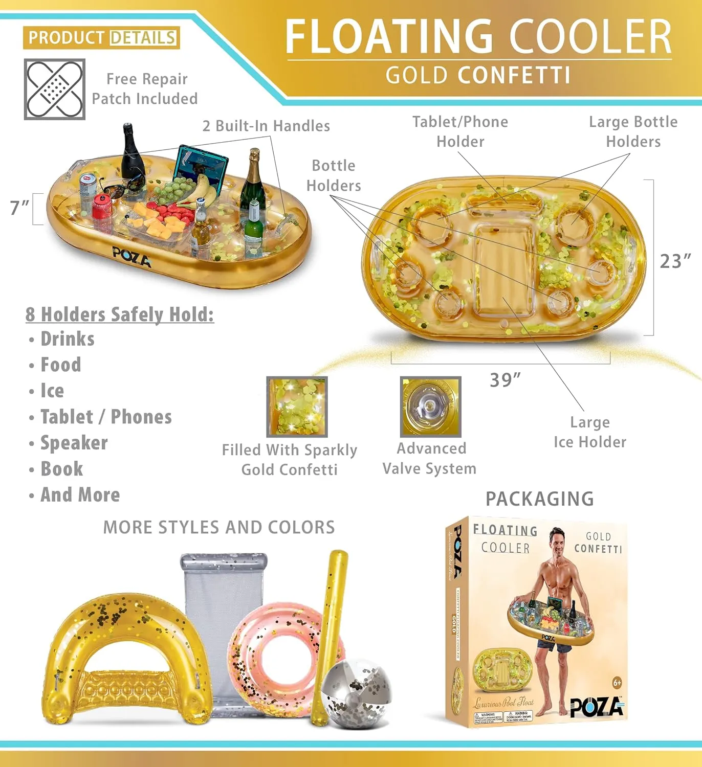 with 8 Holders, Serving Bar for Beach, Lake, Hot Tub, Jacuzzi and Pool - 39x23 Inches POZA dismal coloration reduce Inflatable Gold Floating Cooler - Luxurious Drink Holder Filled with Sparkly Confetti, Premium Party Float 