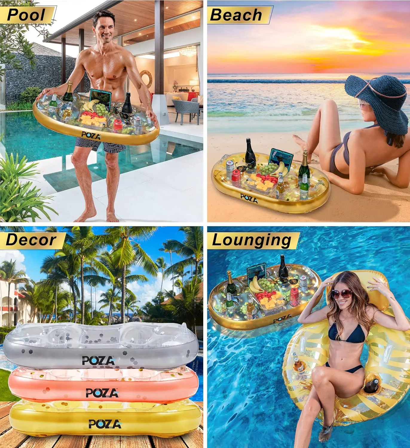 with 8 Holders, Serving Bar for Beach, Lake, Hot Tub, Jacuzzi and Pool - 39x23 Inches POZA dismal coloration reduce Inflatable Gold Floating Cooler - Luxurious Drink Holder Filled with Sparkly Confetti, Premium Party Float 