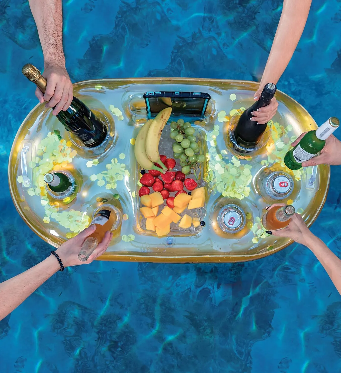 with 8 Holders, Serving Bar for Beach, Lake, Hot Tub, Jacuzzi and Pool - 39x23 Inches POZA dismal coloration reduce Inflatable Gold Floating Cooler - Luxurious Drink Holder Filled with Sparkly Confetti, Premium Party Float 