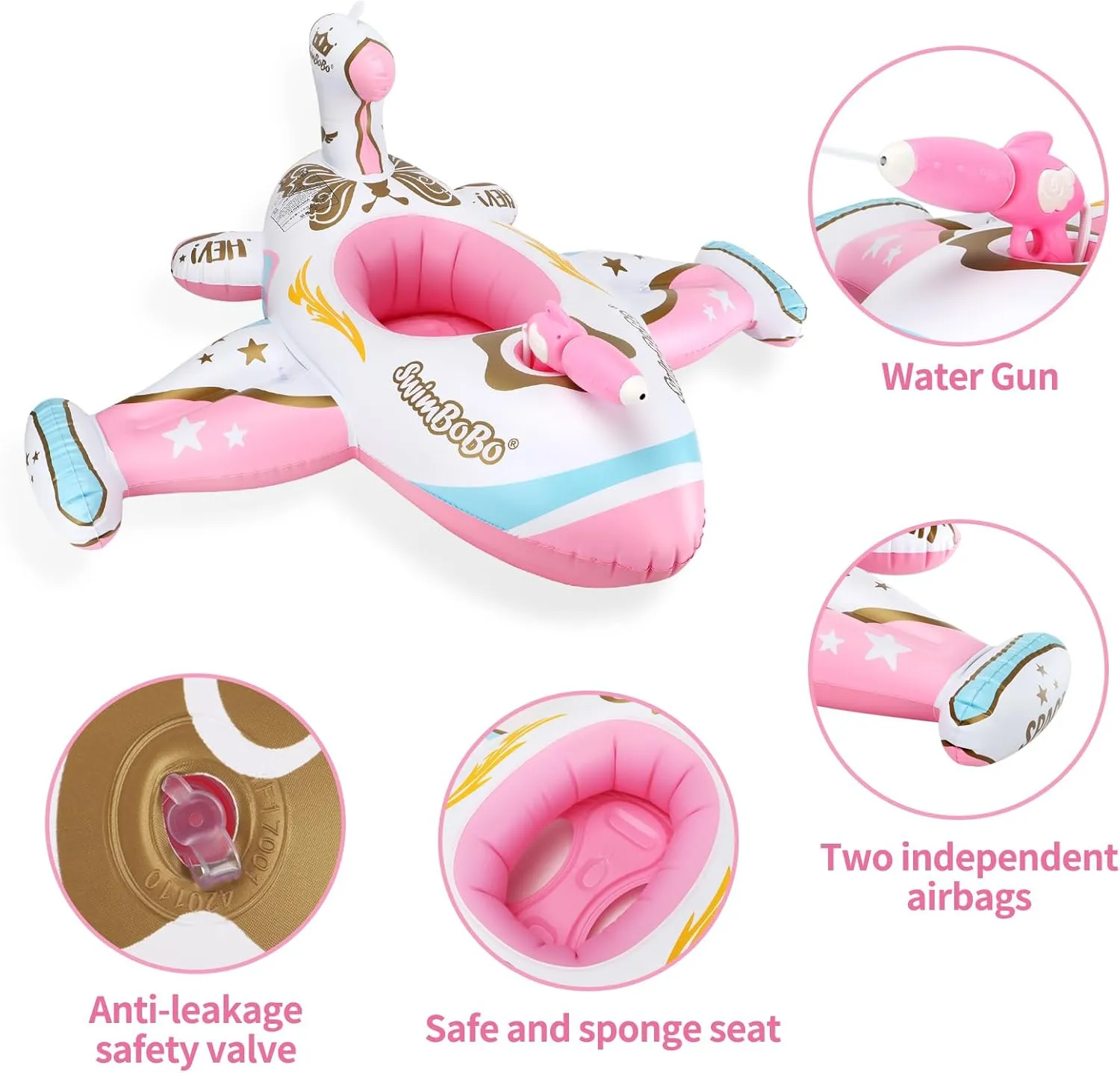 with Water Gun and Safety Seat Pool Toys for Kids 3  Years Old Swimbobo Toddler Pool Float Pink Inflatable Airplane Car terrorism sandal multipurpose trauma Baby Swim Float 