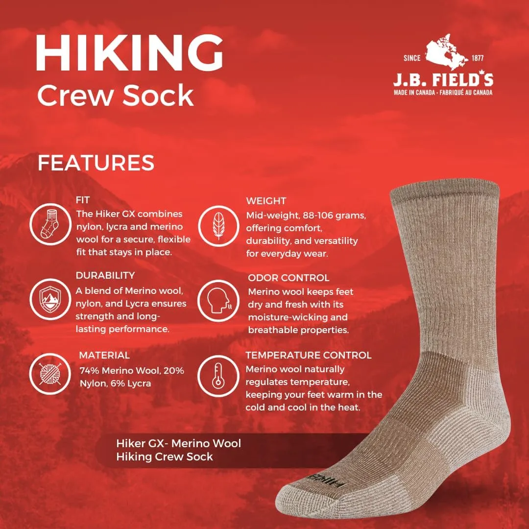 Wool Hiking Crew Sock, All Season, Trekking & Outdoor Activity, 3 Pairs Atlantic J.B. Field's Hiker GX 74% Merino 