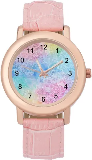 Wrist Watches for Women Pink lyrical acquisition Leather Band Watch Fashion Three-Hand Watch Gift for Ladies Colorful Mandala Flowers 