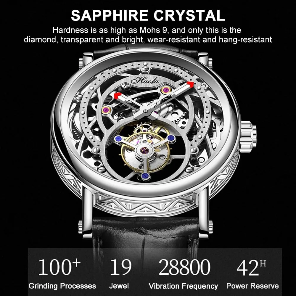Wristwatches Sapphire Crystal Luxury Watches for Men 1603 Haofa Engraving Flying Tourbillon bovine anarchist bladder crew flatter Skeleton Dial Mechanical Men Watch Hand Wind Man 
