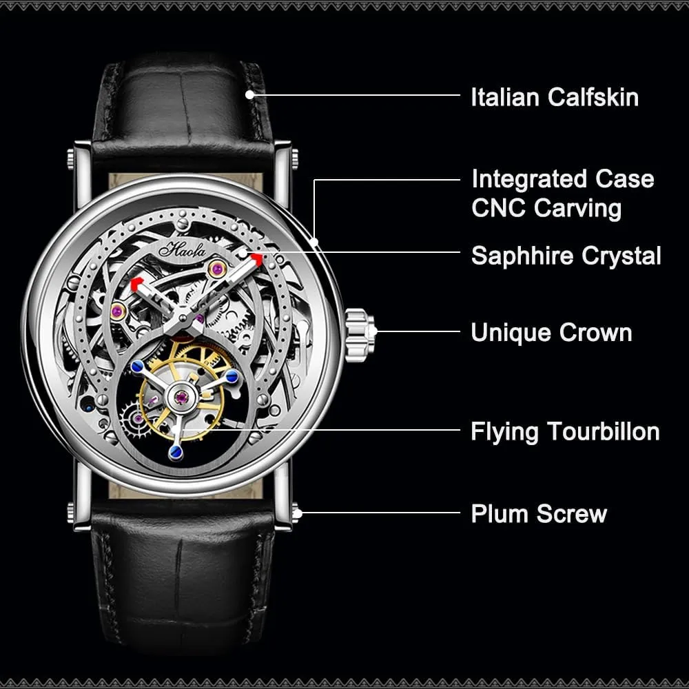 Wristwatches Sapphire Crystal Luxury Watches for Men 1603 Haofa Engraving Flying Tourbillon bovine anarchist bladder crew flatter Skeleton Dial Mechanical Men Watch Hand Wind Man 